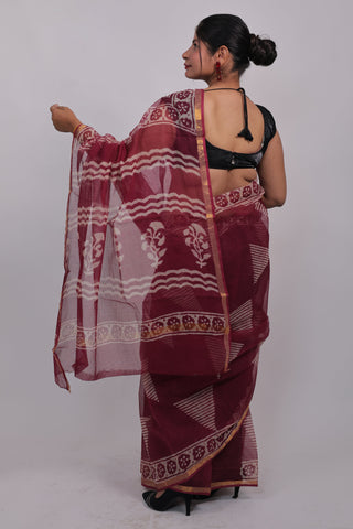 Burgundy Hand Block Print Kota Doria Cotton Saree with Unstitched Blouse Piece