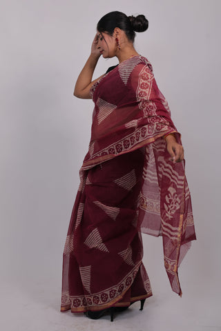 Burgundy Hand Block Print Kota Doria Cotton Saree with Unstitched Blouse Piece