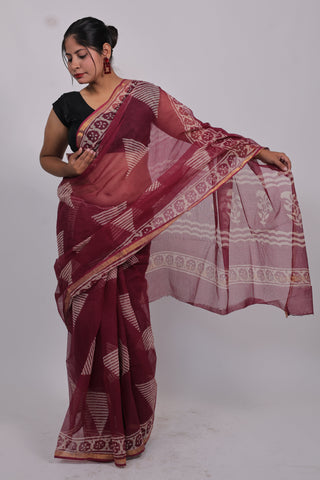 Burgundy Hand Block Print Kota Doria Cotton Saree with Unstitched Blouse Piece