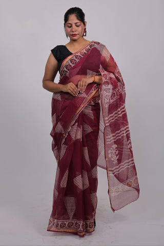 Burgundy Hand Block Print Kota Doria Cotton Saree with Unstitched Blouse Piece