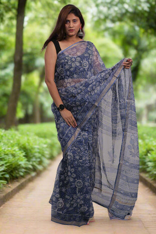 Blue Hand Block Print Kota Doria Cotton Saree with Unstitched Blouse Piece