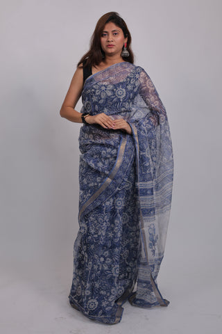 Blue Hand Block Print Kota Doria Cotton Saree with Unstitched Blouse Piece