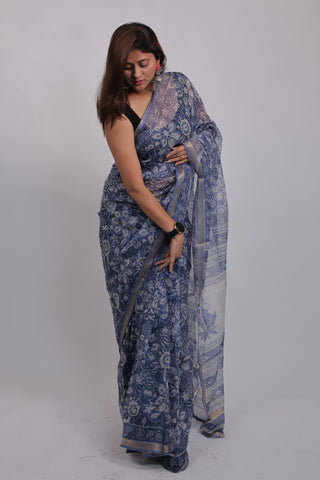 Blue Hand Block Print Kota Doria Cotton Saree with Unstitched Blouse Piece