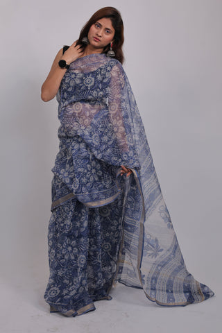 Blue Hand Block Print Kota Doria Cotton Saree with Unstitched Blouse Piece