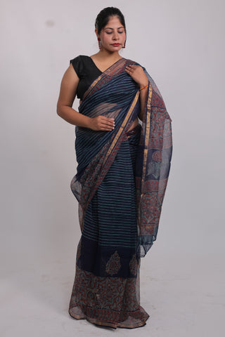 Blue Hand Block Print Kota Doria Cotton Saree with Unstitched Blouse Piece