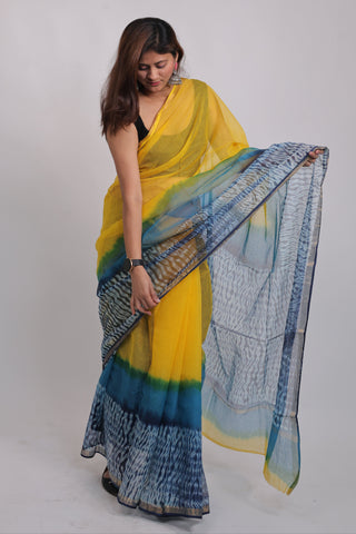 Multicolor Hand Block Print Kota Doria Cotton Saree with Unstitched Blouse Piece