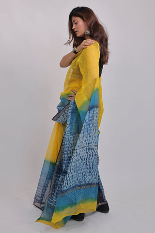 Multicolor Hand Block Print Kota Doria Cotton Saree with Unstitched Blouse Piece