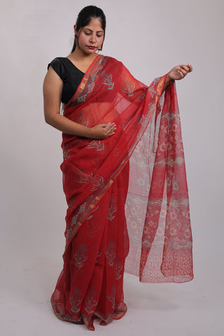 Bright Red Hand Block Print Kota Doria Cotton Saree with Unstitched Blouse Piece