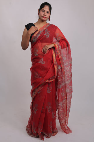 Bright Red Hand Block Print Kota Doria Cotton Saree with Unstitched Blouse Piece