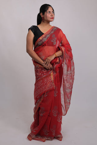 Bright Red Hand Block Print Kota Doria Cotton Saree with Unstitched Blouse Piece