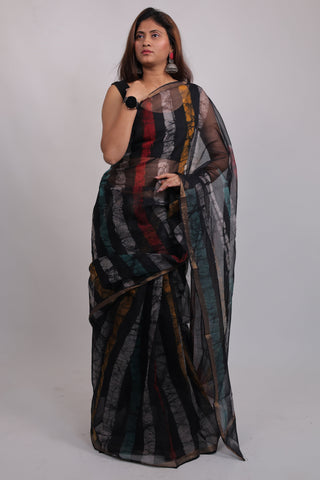 Black Stripe Hand Block Print Kota Doria Cotton Saree with Unstitched Blouse Piece