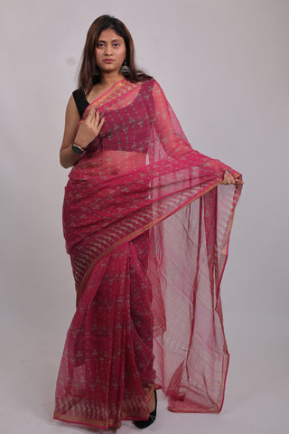 Pink Hand Block Print Kota Doria Cotton Saree with Unstitched Blouse Piece