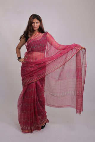 Pink Hand Block Print Kota Doria Cotton Saree with Unstitched Blouse Piece