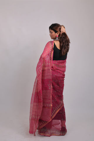 Pink Hand Block Print Kota Doria Cotton Saree with Unstitched Blouse Piece