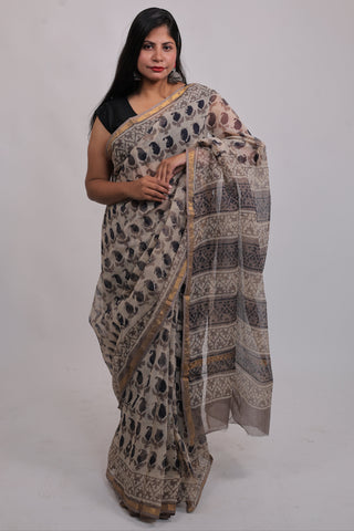 Off White Paisley Print Hand Block Print Kota Doria Cotton Saree with Unstitched Blouse Piece