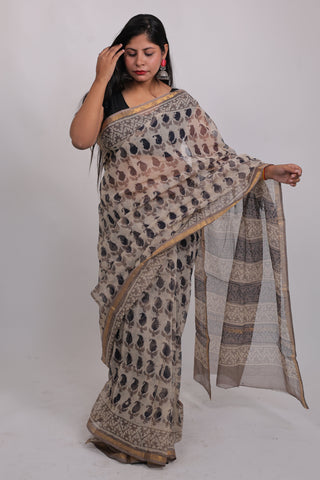 Off White Paisley Print Hand Block Print Kota Doria Cotton Saree with Unstitched Blouse Piece