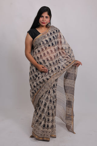 Off White Paisley Print Hand Block Print Kota Doria Cotton Saree with Unstitched Blouse Piece