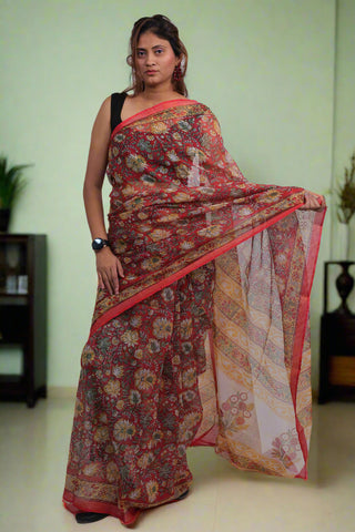 Red Hand Block Print Kota Doria Cotton Saree with Unstitched Blouse Piece