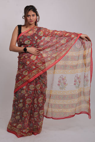 Red Hand Block Print Kota Doria Cotton Saree with Unstitched Blouse Piece