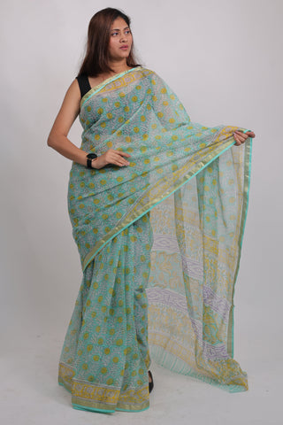 Light Green Hand Block Print Kota Doria Cotton Saree with Unstitched Blouse Piece