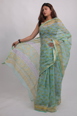 Light Green Hand Block Print Kota Doria Cotton Saree with Unstitched Blouse Piece