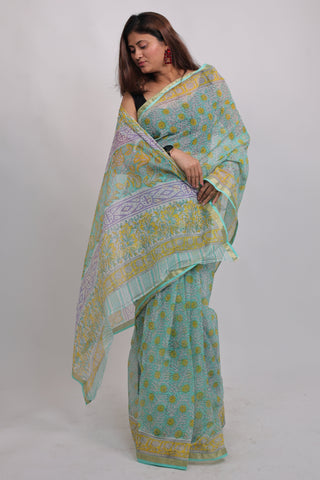 Light Green Hand Block Print Kota Doria Cotton Saree with Unstitched Blouse Piece