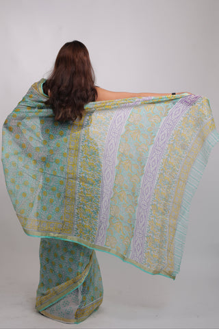 Light Green Hand Block Print Kota Doria Cotton Saree with Unstitched Blouse Piece