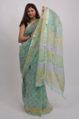 Light Green Hand Block Print Kota Doria Cotton Saree with Unstitched Blouse Piece