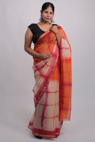 Shibori Tie & Dye Print Kota Doria Cotton Saree with Unstitched Blouse Piece