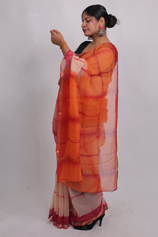 Shibori Tie & Dye Print Kota Doria Cotton Saree with Unstitched Blouse Piece