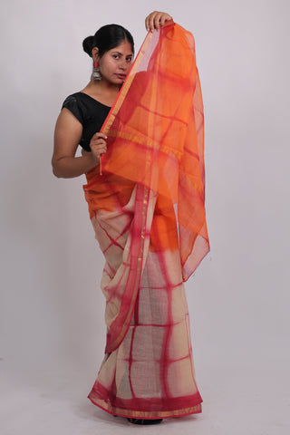 Shibori Tie & Dye Print Kota Doria Cotton Saree with Unstitched Blouse Piece