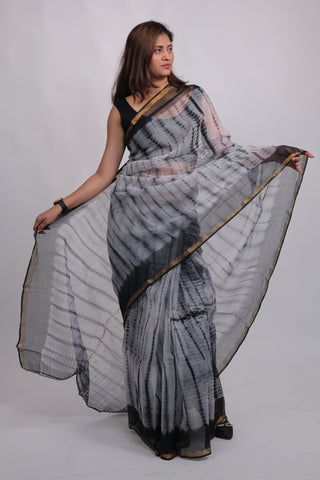 Shibori Tie & Dye Print Grey Kota Doria Cotton Saree with Unstitched Blouse Piece