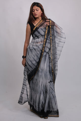 Shibori Tie & Dye Print Grey Kota Doria Cotton Saree with Unstitched Blouse Piece