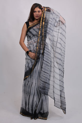 Shibori Tie & Dye Print Grey Kota Doria Cotton Saree with Unstitched Blouse Piece