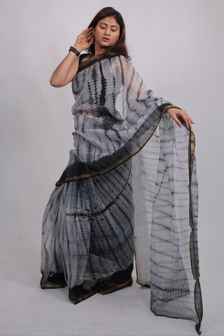 Shibori Tie & Dye Print Grey Kota Doria Cotton Saree with Unstitched Blouse Piece