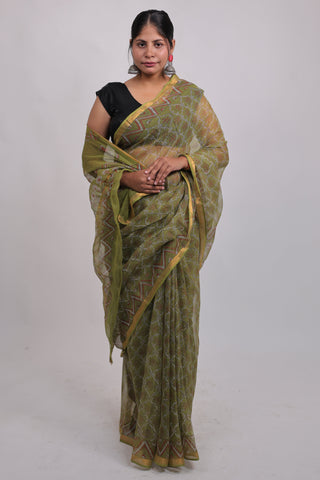 Olive Green Kota Doria Cotton Saree with Unstitched Blouse Piece