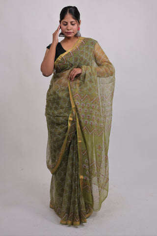 Olive Green Kota Doria Cotton Saree with Unstitched Blouse Piece