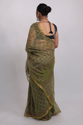 Olive Green Kota Doria Cotton Saree with Unstitched Blouse Piece