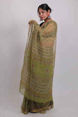 Olive Green Kota Doria Cotton Saree with Unstitched Blouse Piece