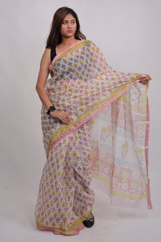 White Floral Kota Doria Cotton Saree with Unstitched Blouse Piece