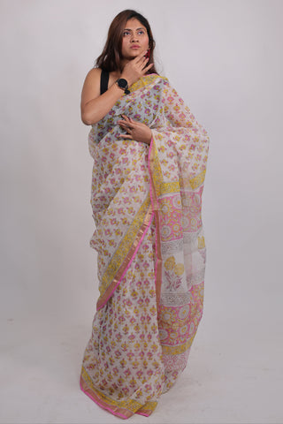 White Floral Kota Doria Cotton Saree with Unstitched Blouse Piece