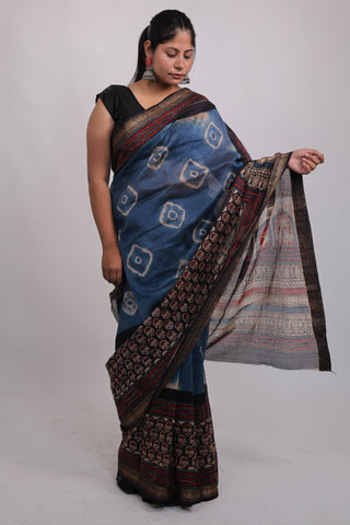 Premium Blue Maheshwari Silk Saree with Unstitched Blouse Piece