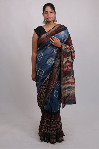 Premium Blue Maheshwari Silk Saree with Unstitched Blouse Piece