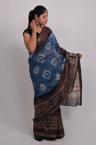 Premium Blue Maheshwari Silk Saree with Unstitched Blouse Piece