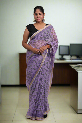 Light Purple Office Wear Kota Doria Cotton Saree with Unstitched Blouse Piece