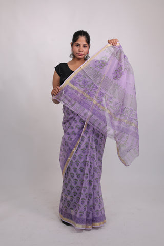 Light Purple Office Wear Kota Doria Cotton Saree with Unstitched Blouse Piece