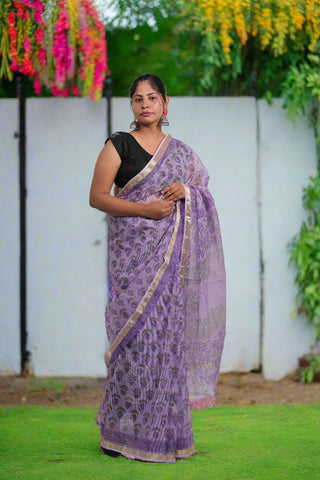 Light Purple Office Wear Kota Doria Cotton Saree with Unstitched Blouse Piece