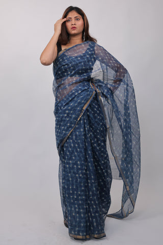 Blue Office Wear Kota Doria Cotton Saree with Unstitched Blouse Piece