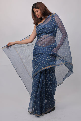 Blue Office Wear Kota Doria Cotton Saree with Unstitched Blouse Piece