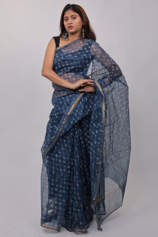 Blue Office Wear Kota Doria Cotton Saree with Unstitched Blouse Piece